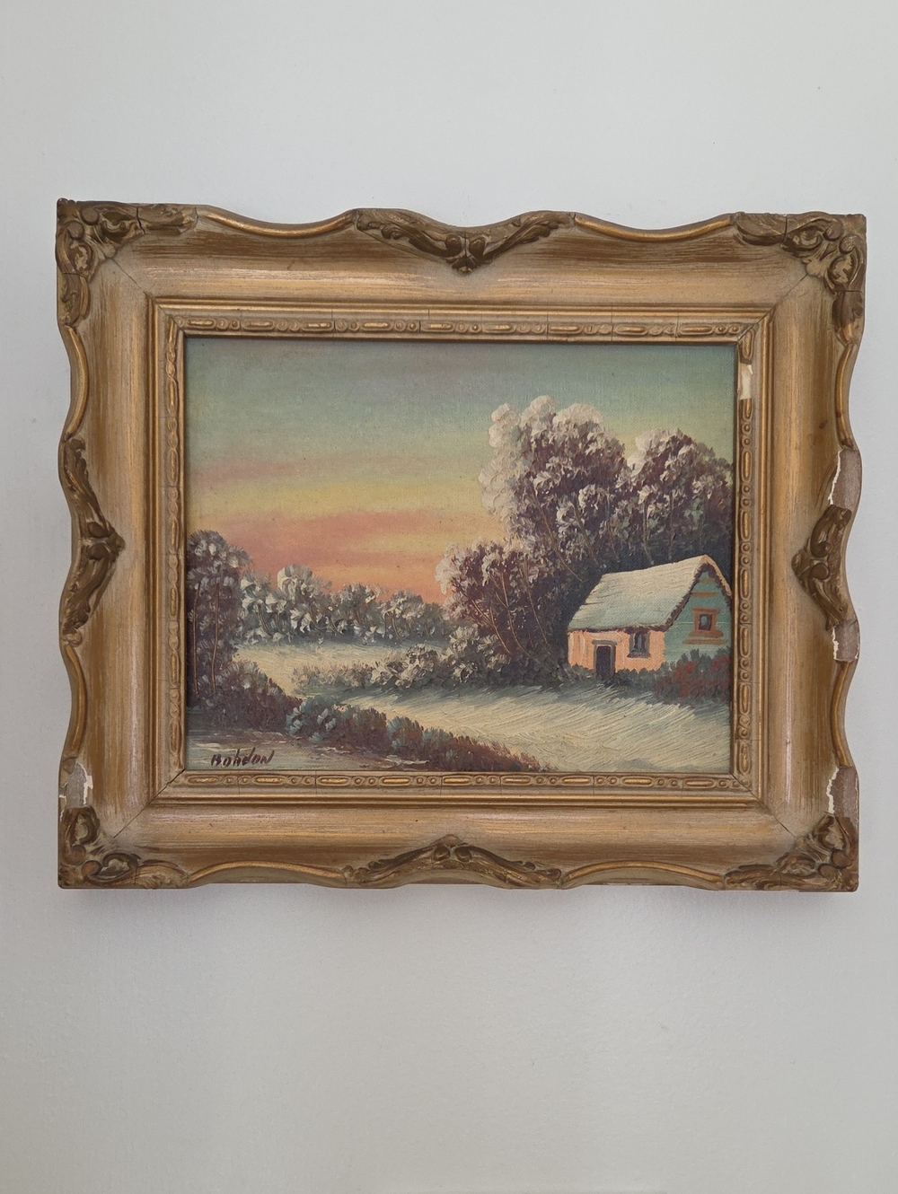 Framed Winter Cottage Landscape Wall Art - Gold Frame